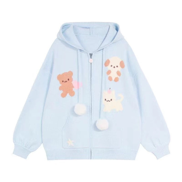 Hooded jacket for ladies with playful animal patterns and pom poms Lune London