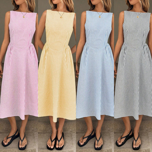 Midi dress for women with fine stripes and a fitted silhouette Lune London