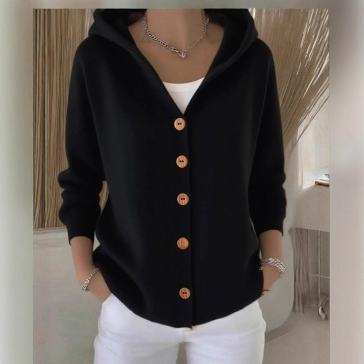 Knitted hooded jacket for ladies with practical button details and a relaxed fit Lune London