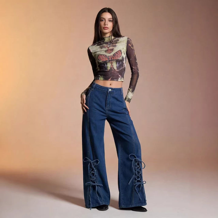 Women's flared jeans with trendy lacing detail and wide leg Lune London