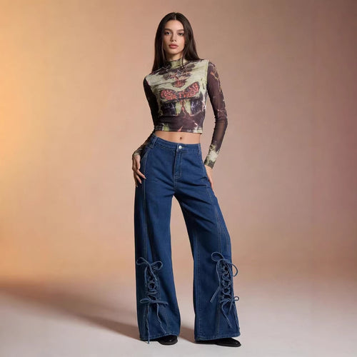 Women's flared jeans with trendy lacing detail and wide leg Lune London