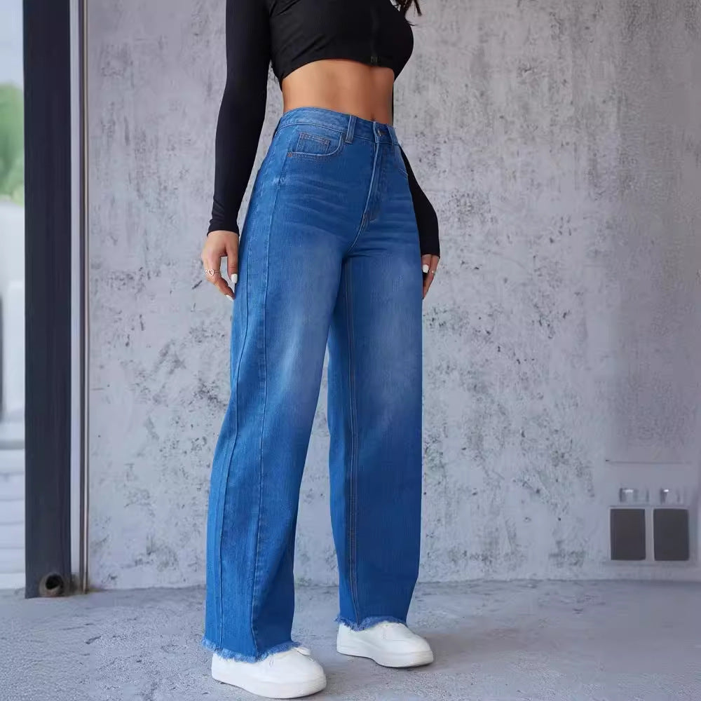High waisted wide leg jeans for women with frayed hem Lune London