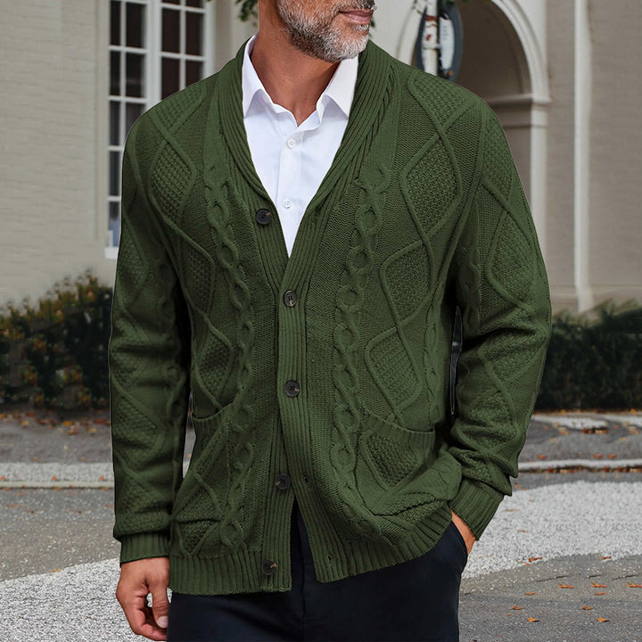 Men's chunky knit jacket with an elegant cable pattern and practical pockets Lune London