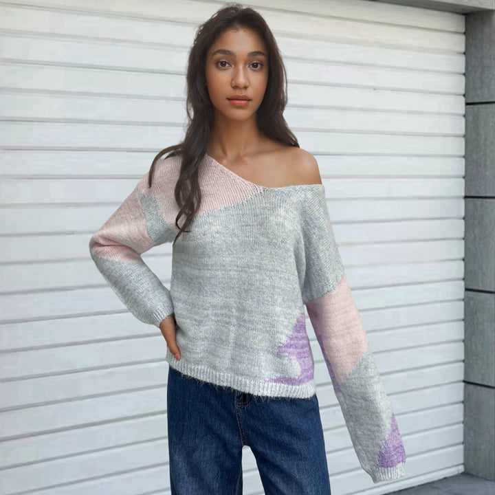 Creative knit sweater for women with asymmetrical neckline and colorful design Lune London