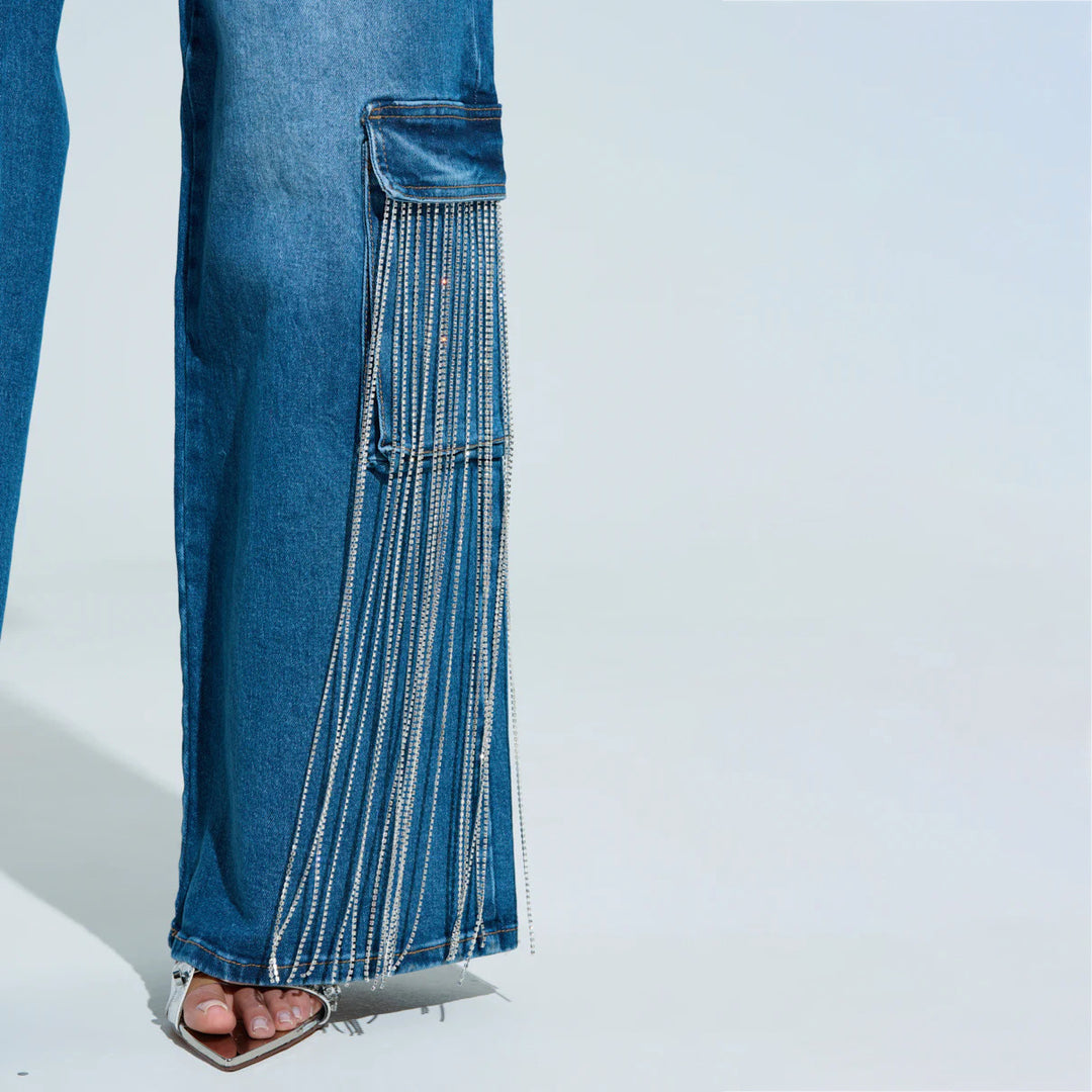Women's cargo jeans with sparkling fringes and deep side pockets Lune London