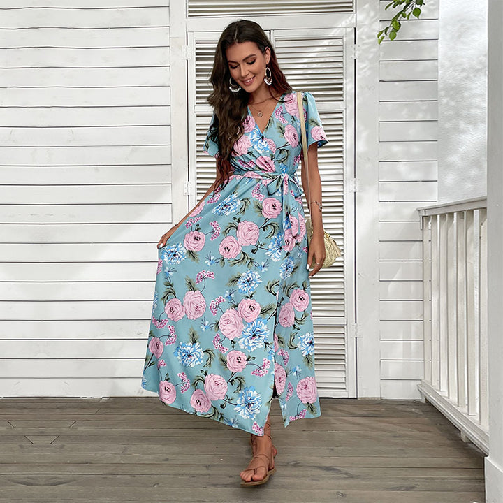 Floral wrap maxi dress for women with high slit Lune London