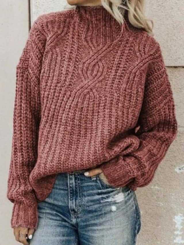 Thick knitted sweater for women with a high collar and cable knit pattern Lune London