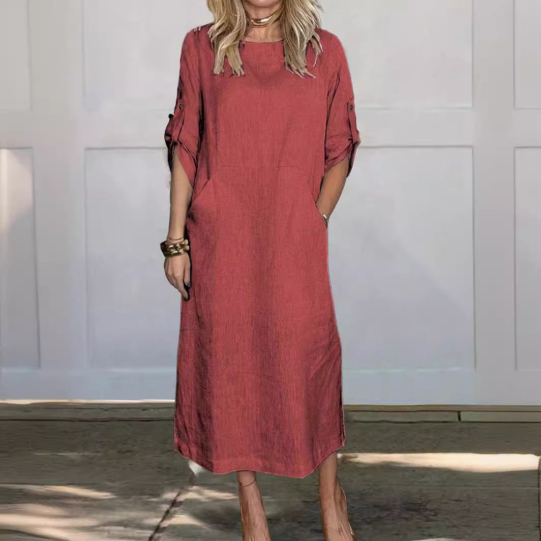Women's Casual Linen Midi Dress with Side Pockets and Roll-Up Sleeves Chic & Stil