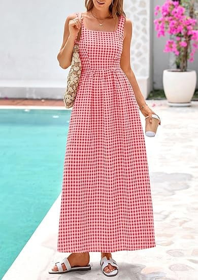 Robe maxi femme à motif à carreaux classique avec bretelles réglables et taille élastique Chic & Stil