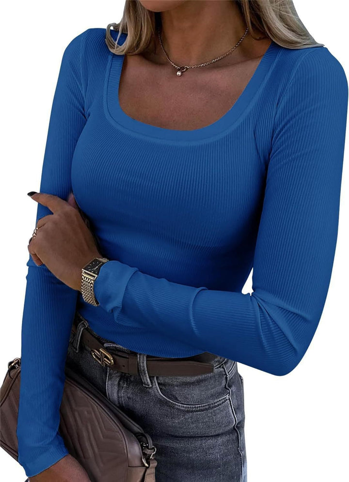 Women’s Long Sleeve Ribbed T-Shirt with Elegant Boat Neck Lune London