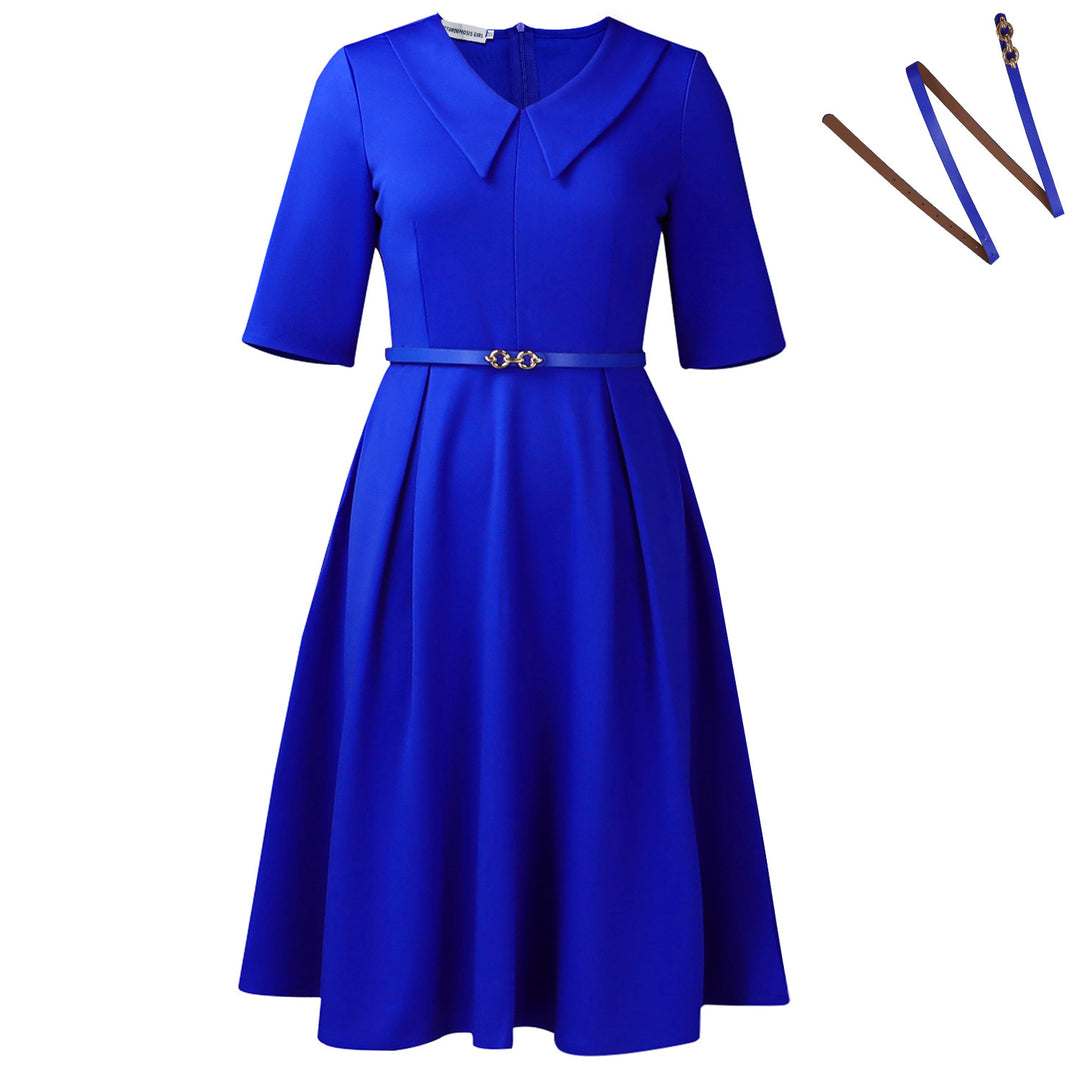 Elegant skater dress for women with collar and belt at the waist Lune London