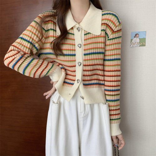 Striped knit jacket for women with stylish collar and shiny buttons Lune London