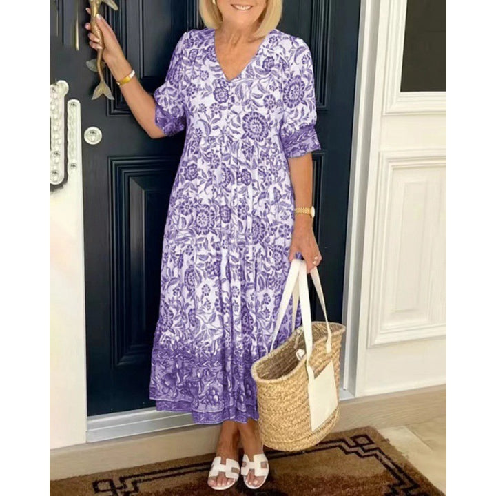 Flared dress with floral patterns for women with pleated waist Lune London