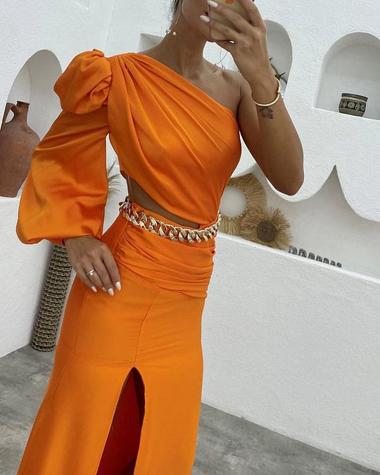Women’s maxi dress with one shoulder design and high neckline slit