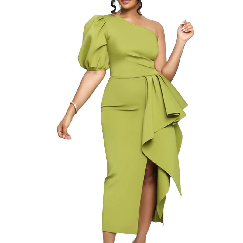 Ladies Elegant One-Shoulder Dress with Draped Fluid Chic Element and Style