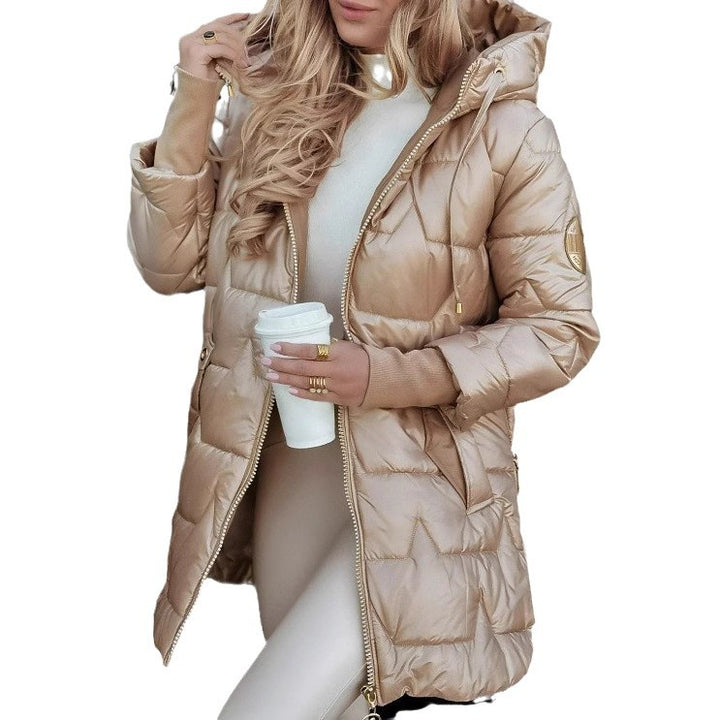 Ladies long quilted jacket with hood and practical pockets Lune London