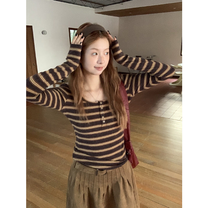 Ladies long-sleeved striped shirt with button placket Chic & Stil