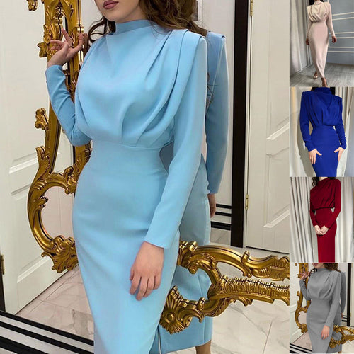 Women's Floor Contact Dress with Elegant Stand Collar and Gatherings Lune London