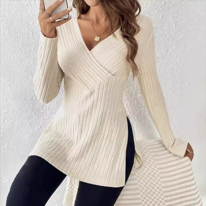 Women long sweater with modern wrap design and elegant ribbed structure Lune London