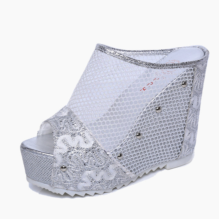 Wedge sandals for women with an elegant mesh design and sparkling appliqués Lune London