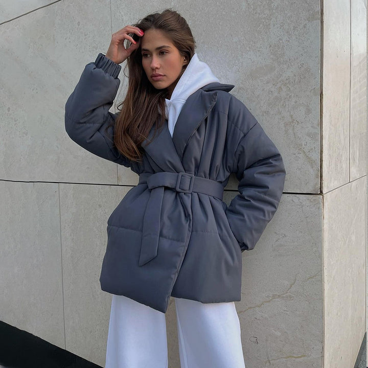 Women Elegant and warm quilted jacket with waist belt Lune London