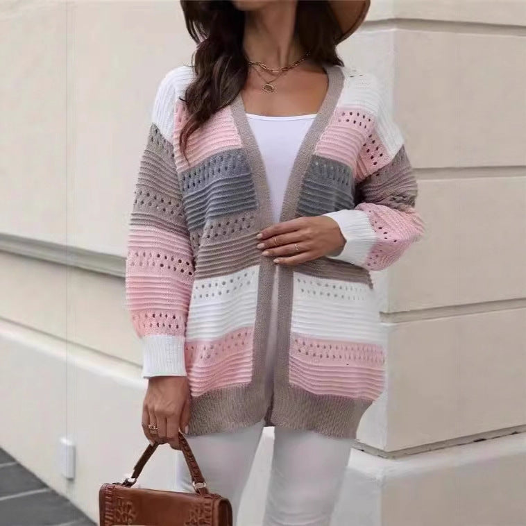 Cardigan en tricot large pour femmes avec un motif en dentelle unique et un design en blocs de couleur Chic & Stil