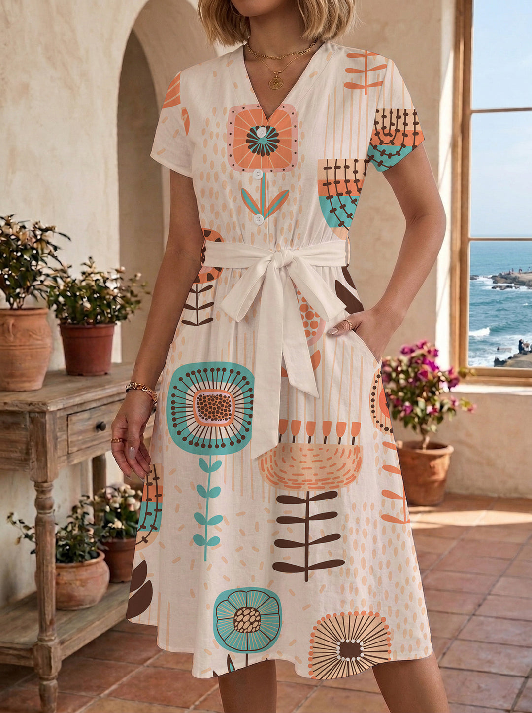 Women’s midi dress with colorful floral design and adjustable tie belt Lune London