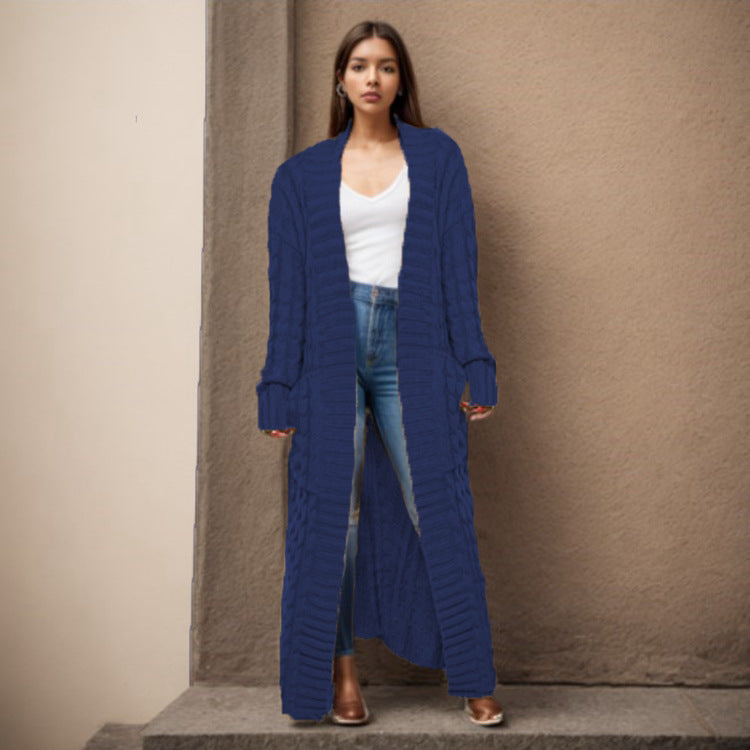 Ladies Long knit cardigan with structured twisted pattern and practical pockets Lune London