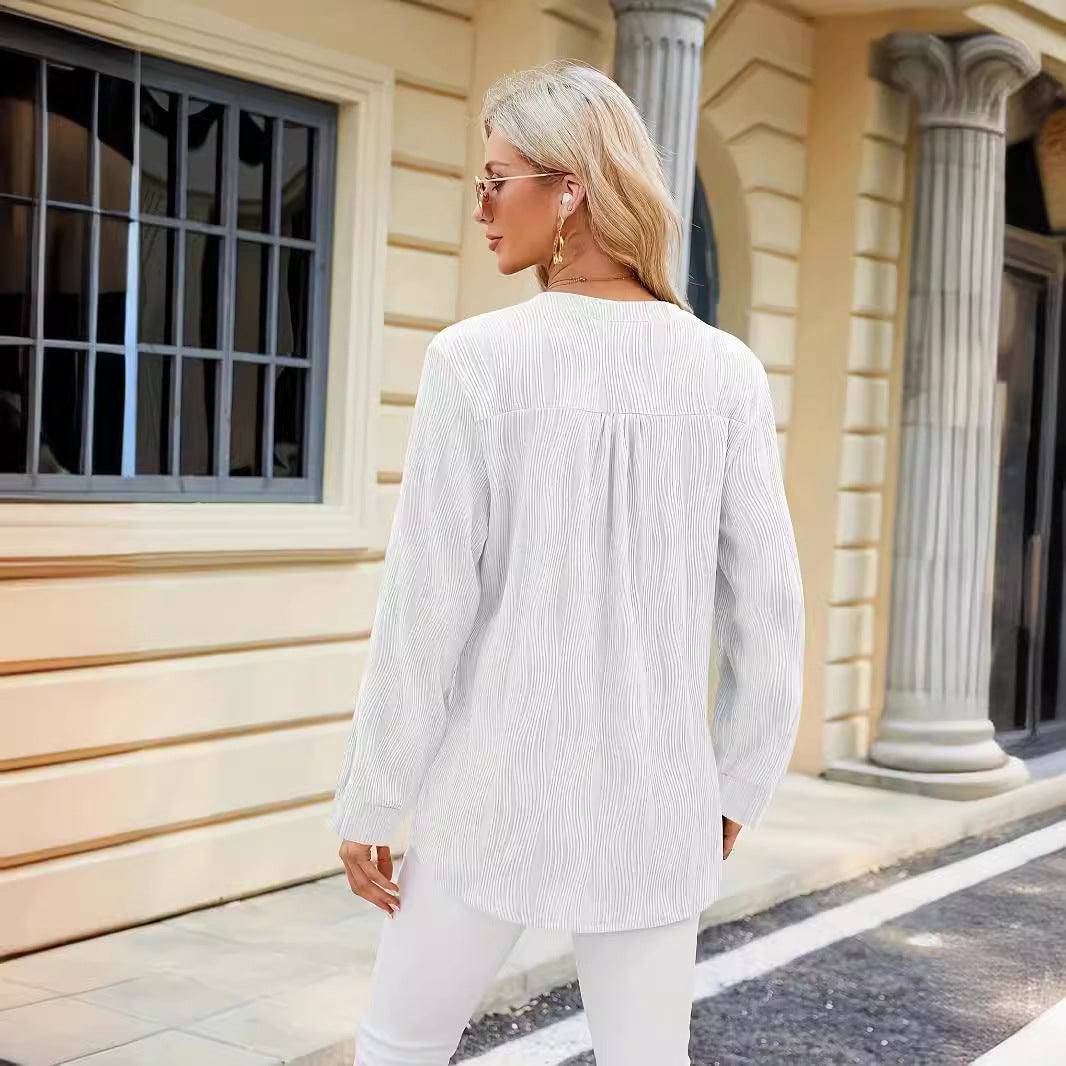 Ladies Elegant Long Sleeve Blouse with Fine Ribbed Structure and Chic Side Slits and Style