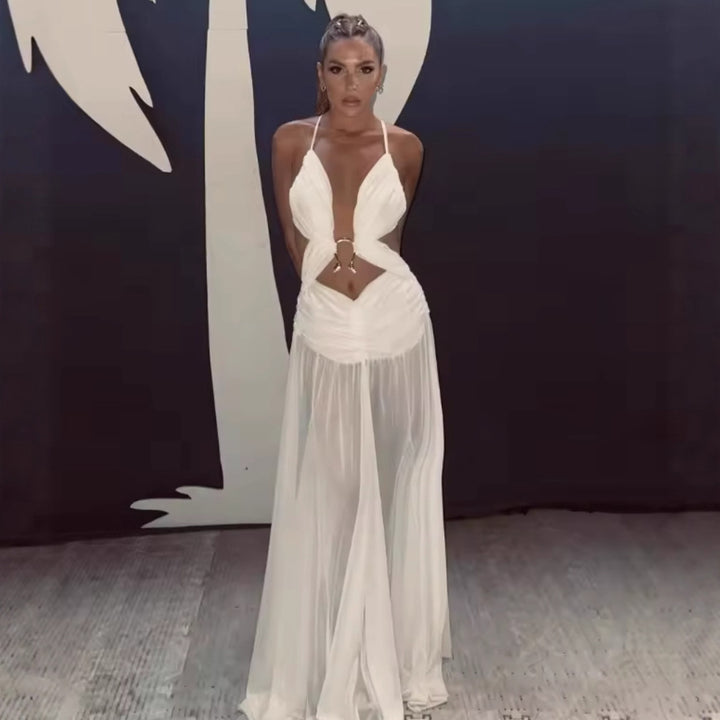 Maxi dress for women with a playful ruffle design and an elegant opening at the back Lune London