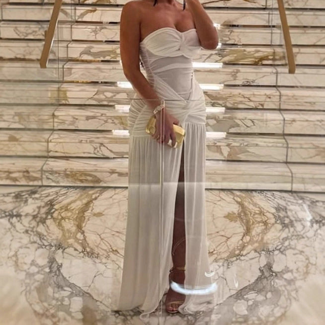 Ladies Elegant Sleeveless Maxi Dress with Ruffle Details and Chic High Split