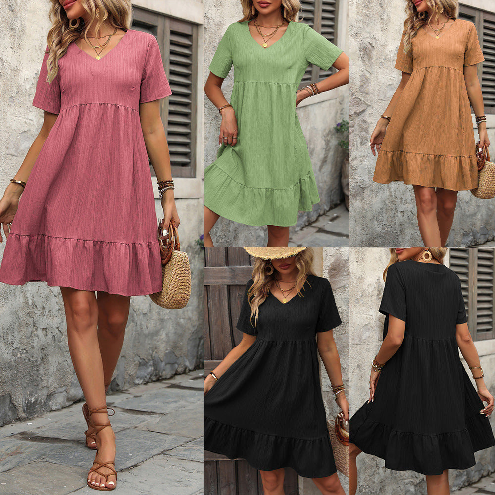Lune London V neck airy summer dress for women with ruffled hem