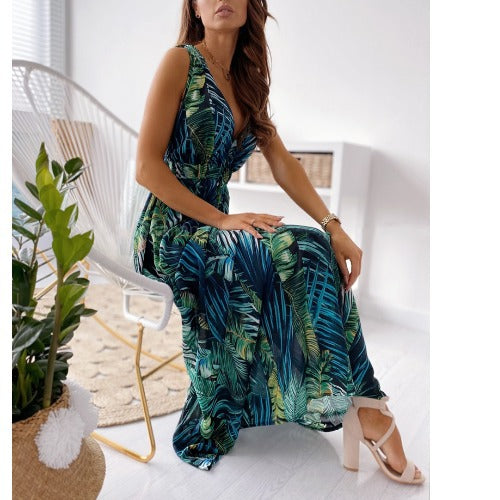 Tropical print maxi dress for women with adjustable fabric belt Lune London