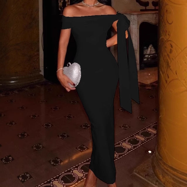 Elegant off-shoulder maxi dress for women with a sculpting fit and a flowing hem Lune London