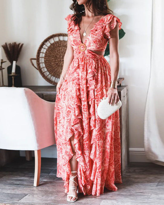 Women's Boho Maxi Dress with Playful Ruffle Details and Shimmering Belt
