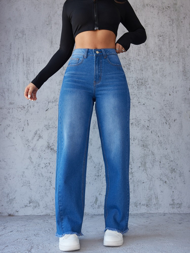 High waisted wide leg jeans for women with frayed hem Lune London
