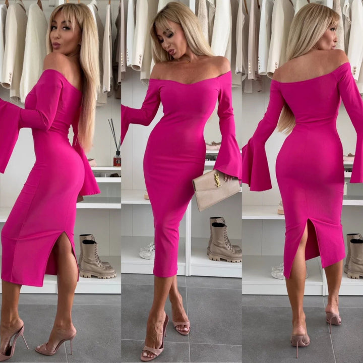Lune London V-neck midi dress for women with flared sleeves
