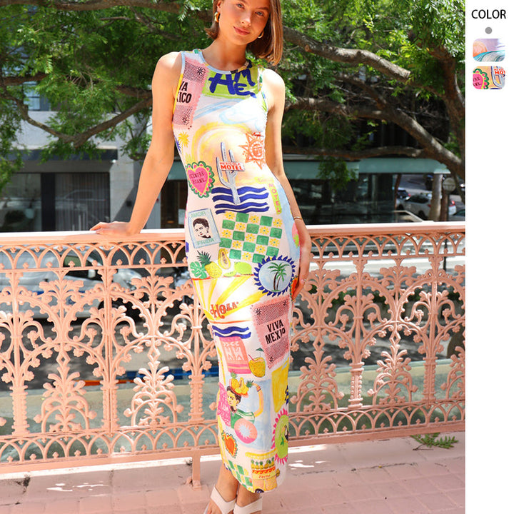 Ladies midi dress with colorful graphic print and figure-hugging cut Lune London