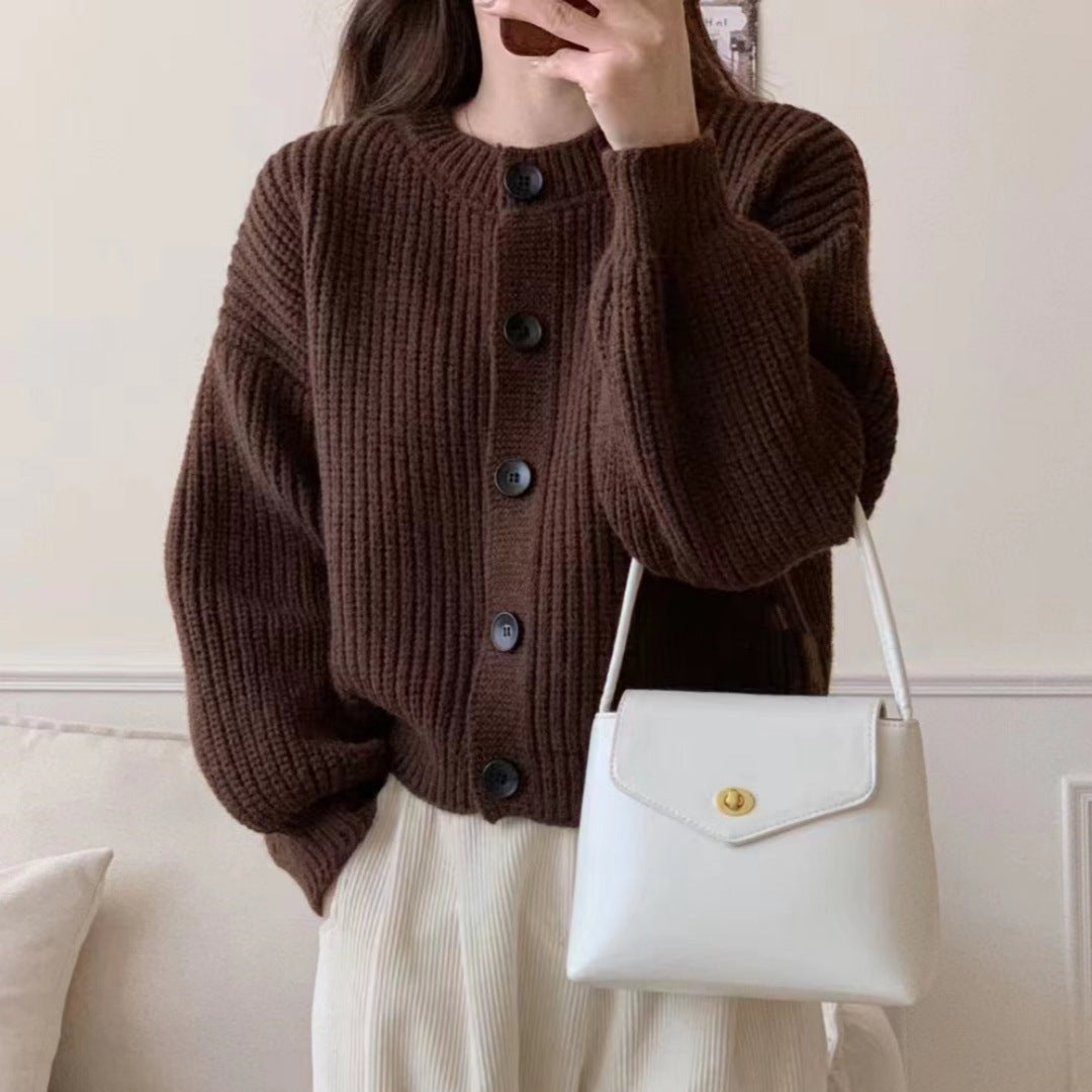 Buttoned design knit jacket for women with puff sleeves Lune London