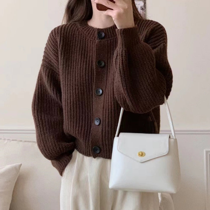Buttoned design knit jacket for women with puff sleeves Lune London