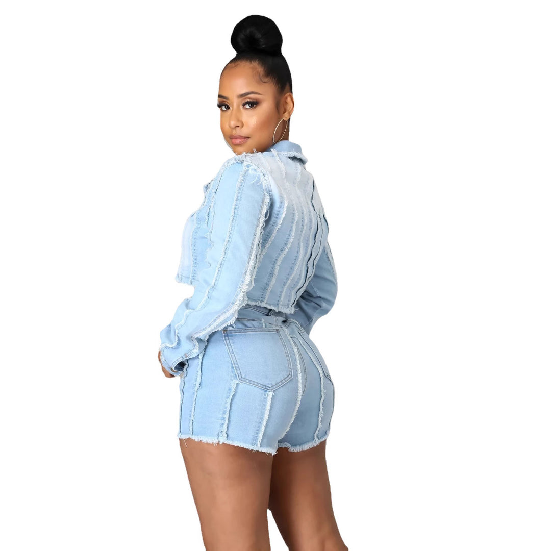 Cropped denim jacket for women with frayed details and trendy contrasting seams Lune London