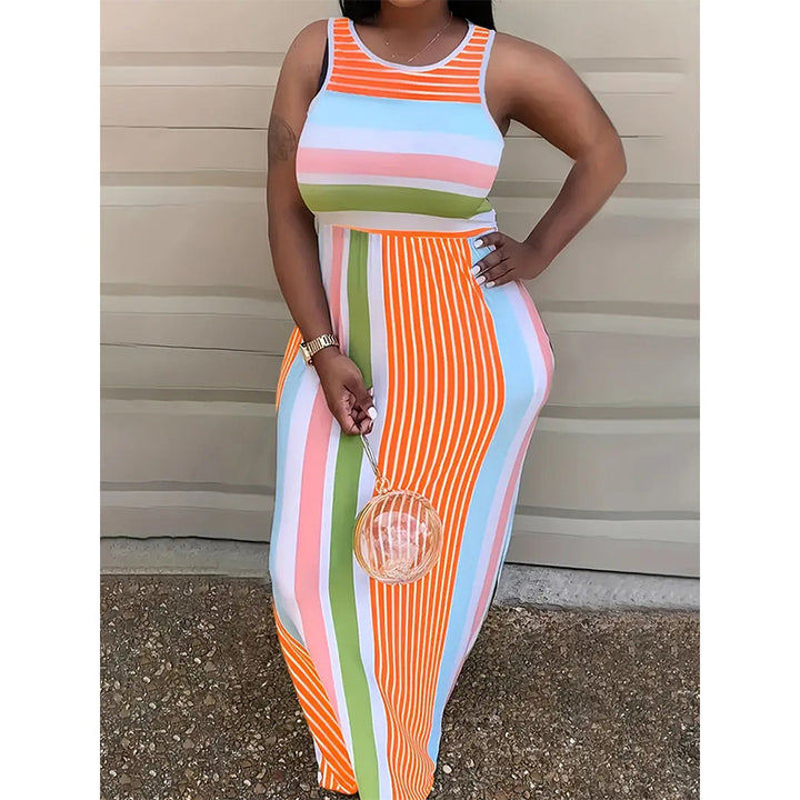 Maxi dress for women with a colorful striped design and a fitted cut Lune London