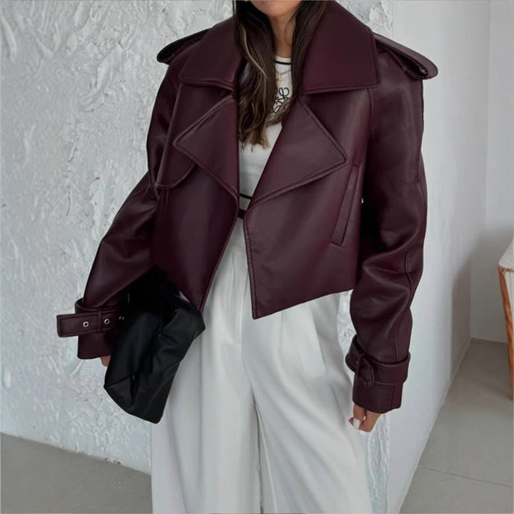 Women's faux leather biker jacket with wide lapels Lune London