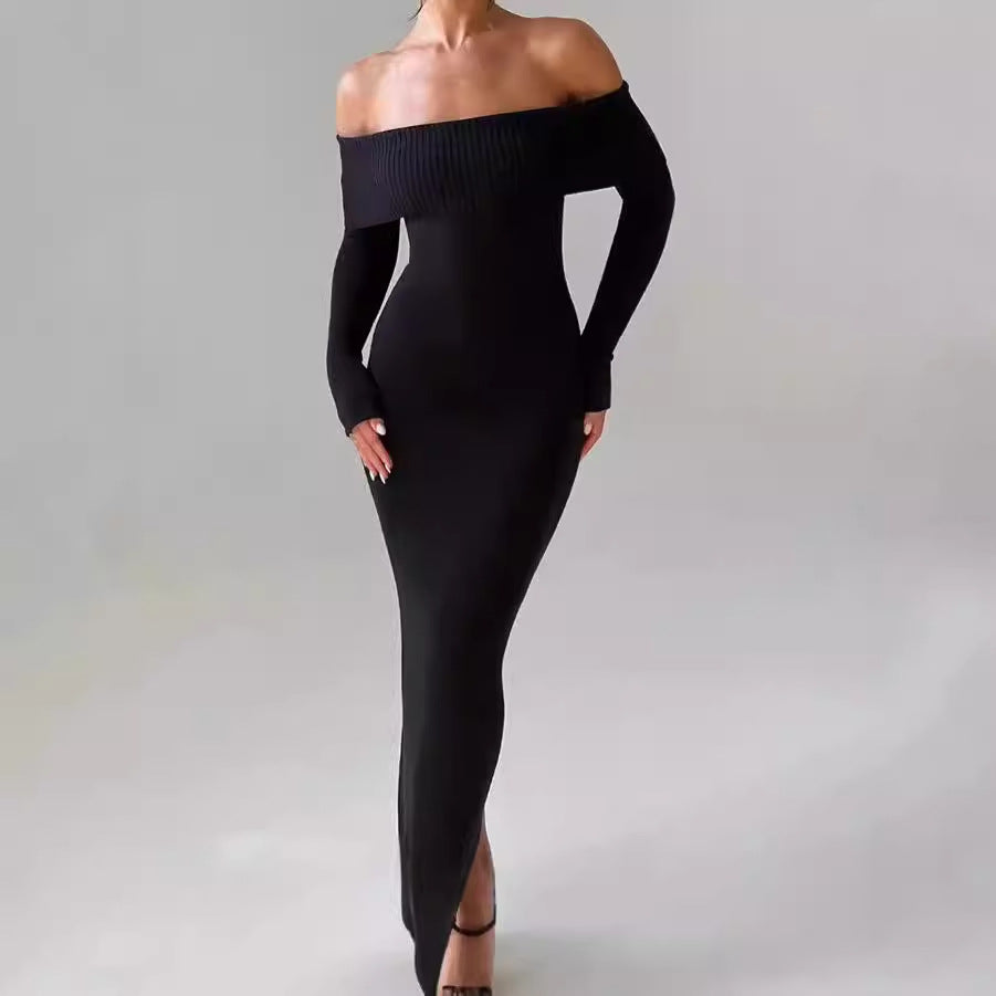 Fitted maxi dress for women, off-the-shoulder neckline, with long sleeves Lune London