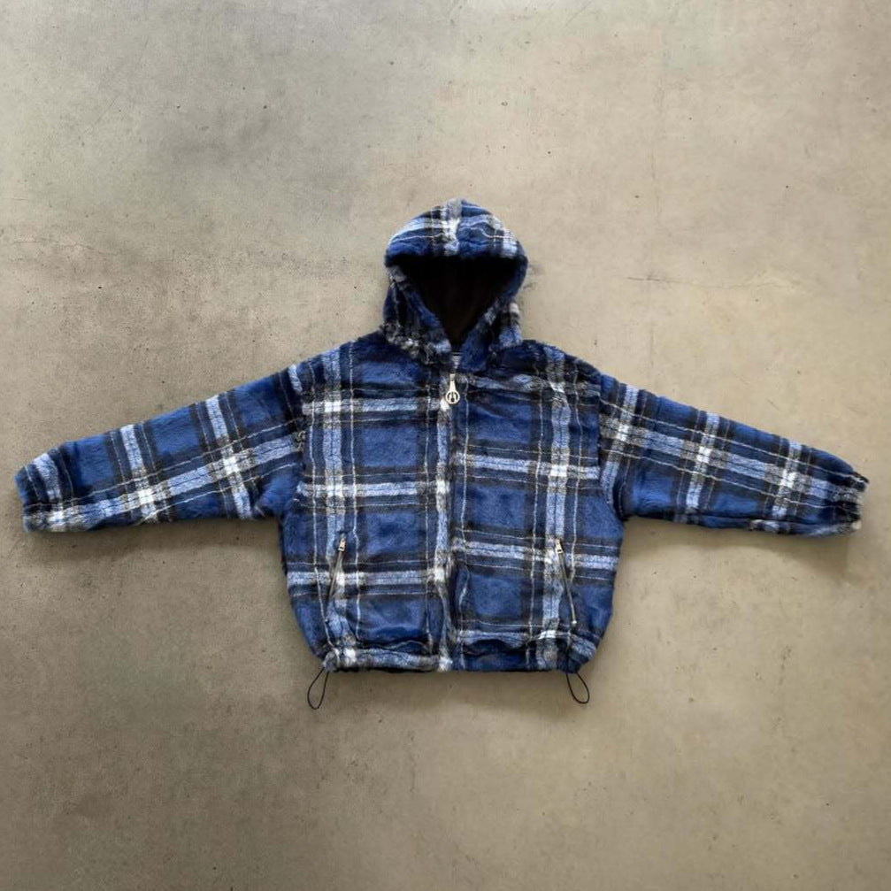 Veste à capuche pour femmes en motif à carreaux modernes avec poches zippées sur les côtés Chic & Stil