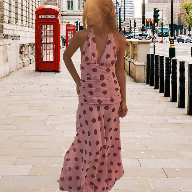 Maxi dress for women with a refined cascade neckline and chic polka dots