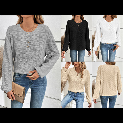 Lune London Long Sleeve Casual Henley T-Shirt for Women in Textured Material