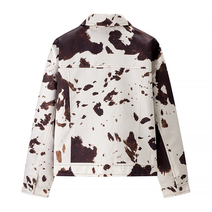Trendy faux leather jacket for women with a trendy cow pattern Lune London