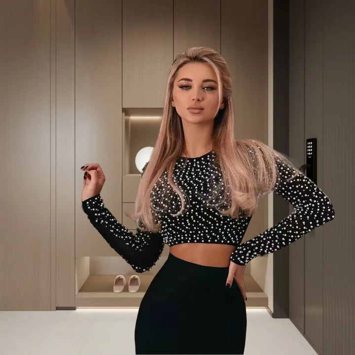 Ladies Elegant Long Sleeve Crop Top with Chic Pearl Trim and Style