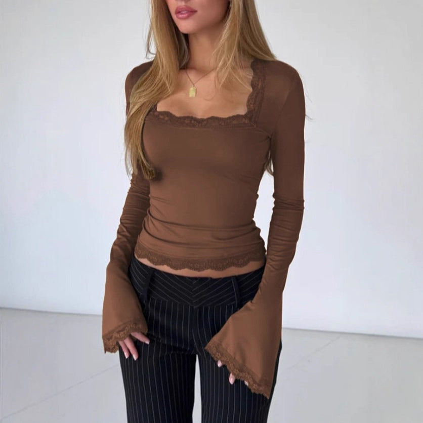 Women Long Sleeve Shirt with Delicate Lace Trim Lune London